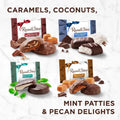 Assorted Russell Stover candies including caramels, coconuts, mint patties, and pecan delights on a white background.
