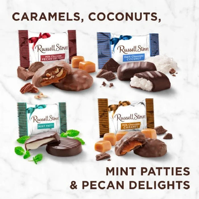 Assorted Russell Stover candies including caramels, coconuts, mint patties, and pecan delights on a white background.