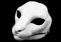 Photo showing a white, plastic 3D printed serval fursuit head base complete with metal hardware at a 3/4 angle against a black background.