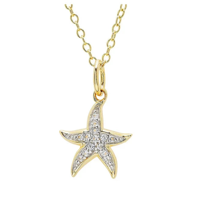 Gold starfish necklace by ShanOre, featuring a polished gold-tone finish with delicate textured detailing  on a white background