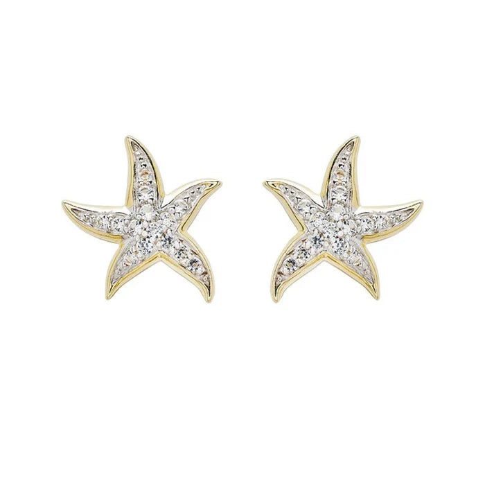 Star-shaped earrings with diamond accents on a white background