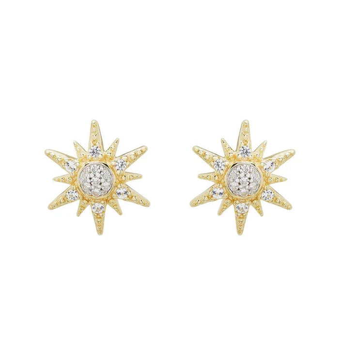 white Sapphire Sun Earrings on a white background