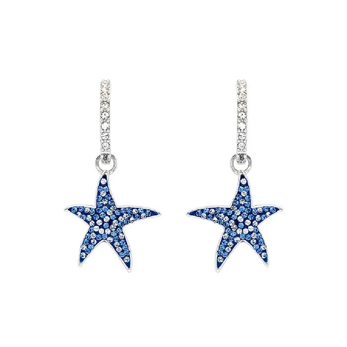 Starfish-shaped earrings adorned with sparkling blue diamonds, showcasing a unique and elegant design.