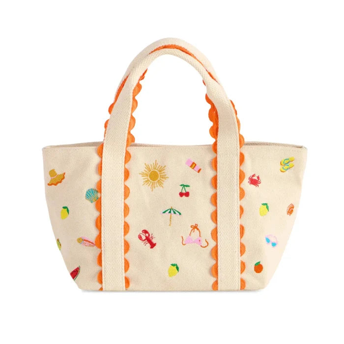 This Shiraleah Summer Icons Mini Tote in Natural features playful summer-themed artwork on a natural woven base.
