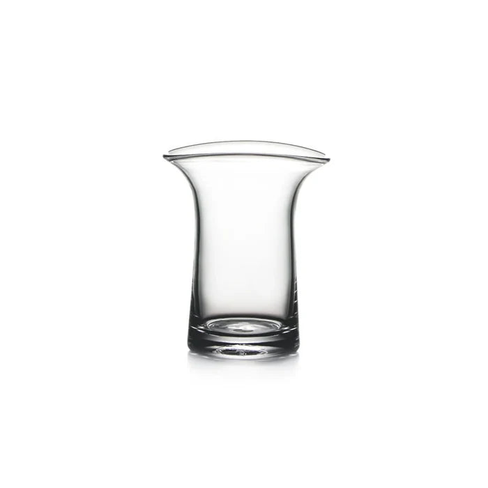 A transparent glass vase with a smoothly curved base, highlighting its simple yet sophisticated shape.