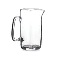 Clear glass pitcher with a handle, set against a plain white background.