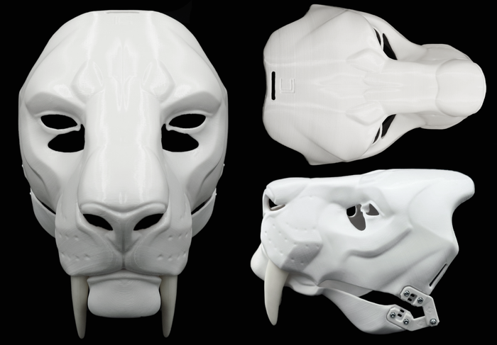 Photo collage showing a white, plastic 3D printed smilodon fursuit head base complete with metal hardware featuring a front, side, and top view against a black background.