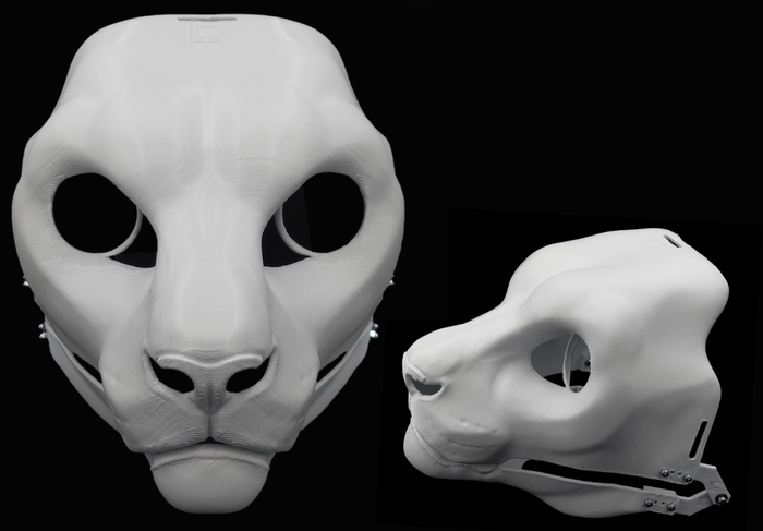 Photo collage showing a white, plastic 3D printed snow leopard fursuit head base complete with metal hardware featuring a front and side view against a black background.