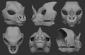 Gray 3D models of a spear-nosed bat mask from different angles on a dark background