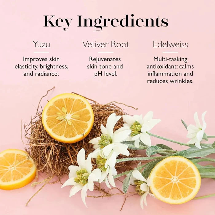 Key ingredients in Spongelle with lemons and flowers on a pink background