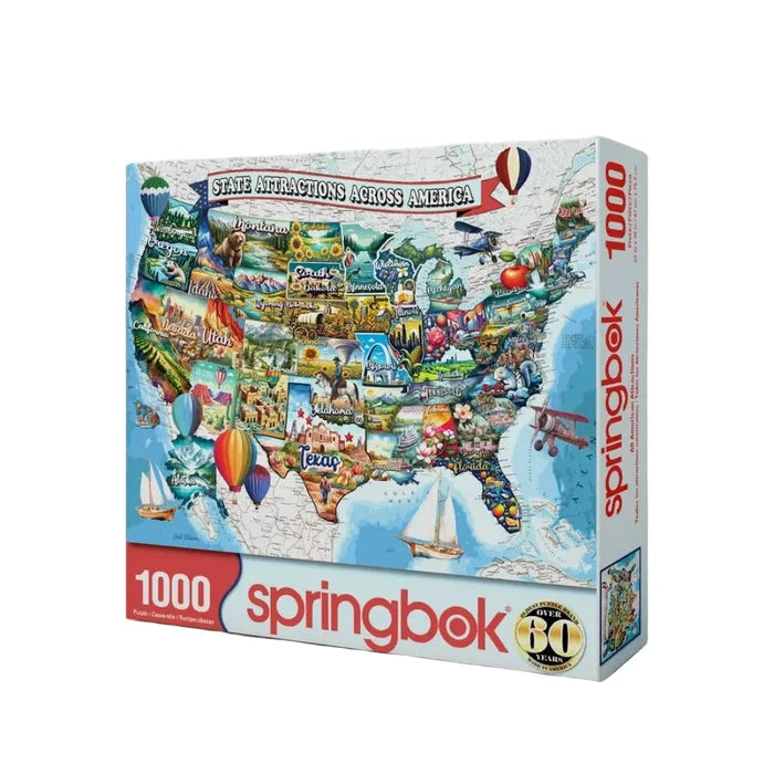 This Springbok All American Attractions 1000-Piece Jigsaw Puzzle celebrates iconic sights and memorable destinations across the United States.