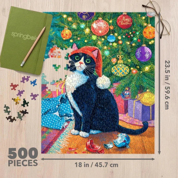 This Springbok Christmas Morning Mayhem 500 Piece Jigsaw Puzzle brings playful holiday energy to your next puzzle session.