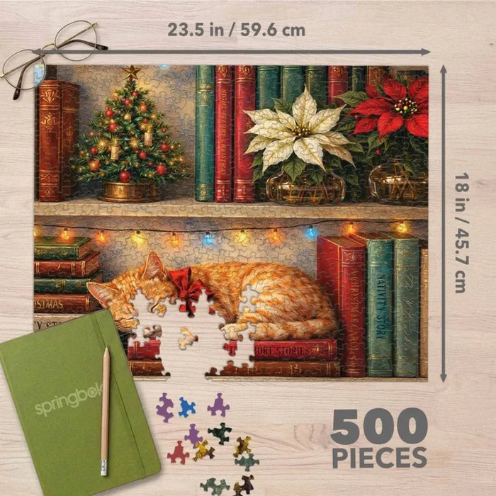 This Springbok Cozy Christmas Nook 500 Piece Jigsaw Puzzle features a charming Christmas nook scene with glowing lights, cozy décor, and rich seasonal detail.