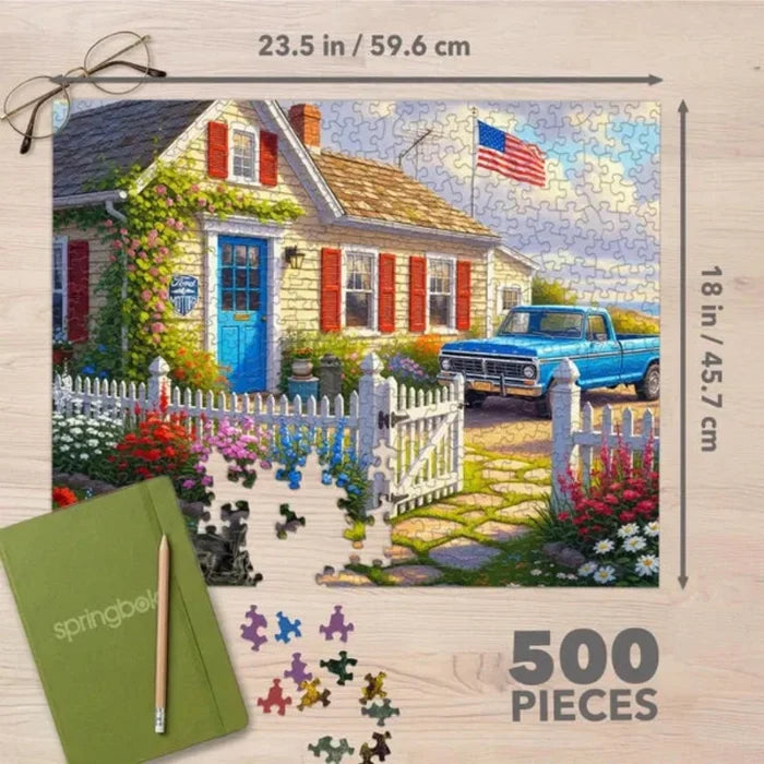 This Springbok Ford Home in Michigan 500-Piece Jigsaw Puzzle captures a charming automotive-inspired scene with nostalgic American character.