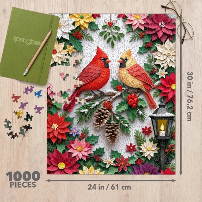 This Springbok Holiday Paper Cardinals 1000 Piece Jigsaw Puzzle adds colorful Christmas charm to your holiday puzzle collection.