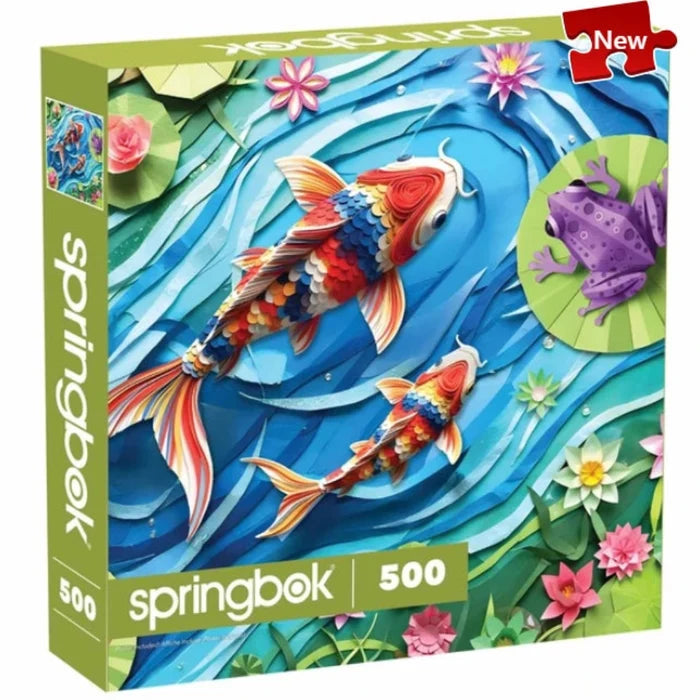 Springbok Paper Koi 500-piece jigsaw puzzle featuring artistic koi-inspired artwork