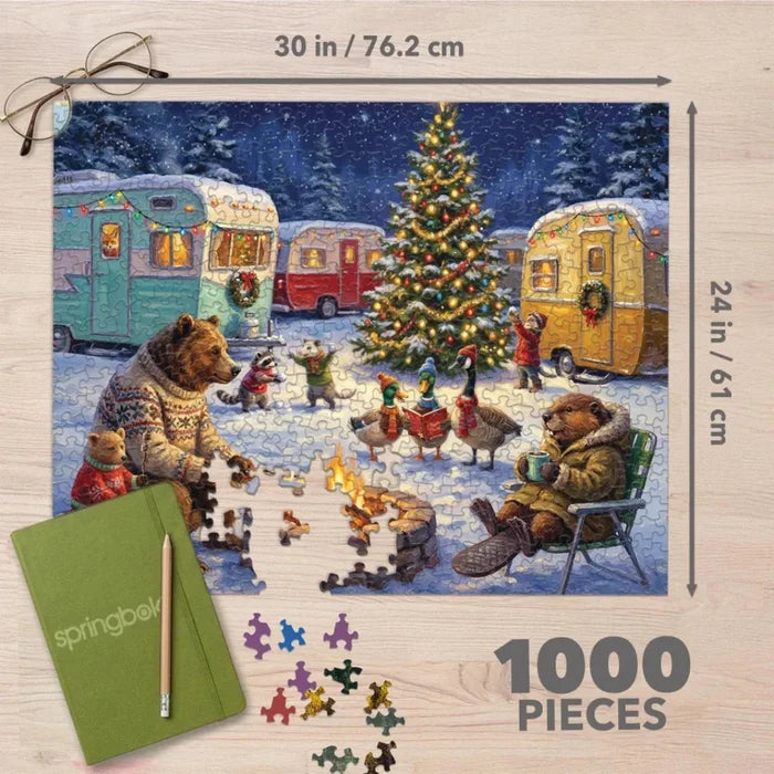 The Springbok Woodland Christmas Campfire 1000 Piece Jigsaw Puzzle brings a cozy winter scene to life