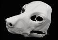 Photo showing a white, plastic 3D printed poodle dog fursuit head base complete with metal hardware at a 3/4 angle against a black background.