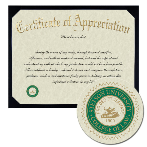 Stetson University College of Law Certificate of Appreciation