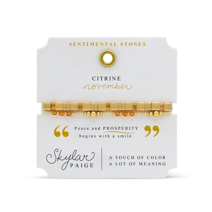 Stia Couture November Citrine Sentimental Stones Bracelet featuring genuine golden citrine birthstone beads with hidden Morse code-inspired design, meaningful November birthday jewelry gift in elegant gift-ready packaging