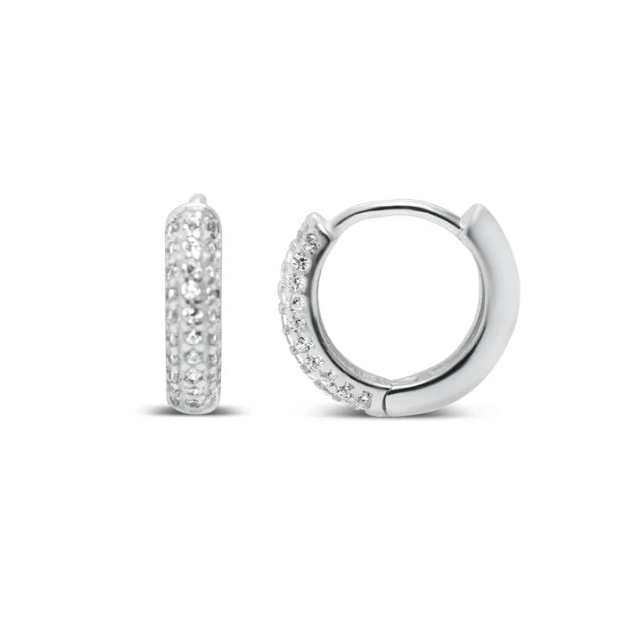 Stia Couture Pavé Totally Tubular Huggie earrings in silver crafted from .925 sterling silver with sparkling pavé stones and a secure hinge snap-back closure.