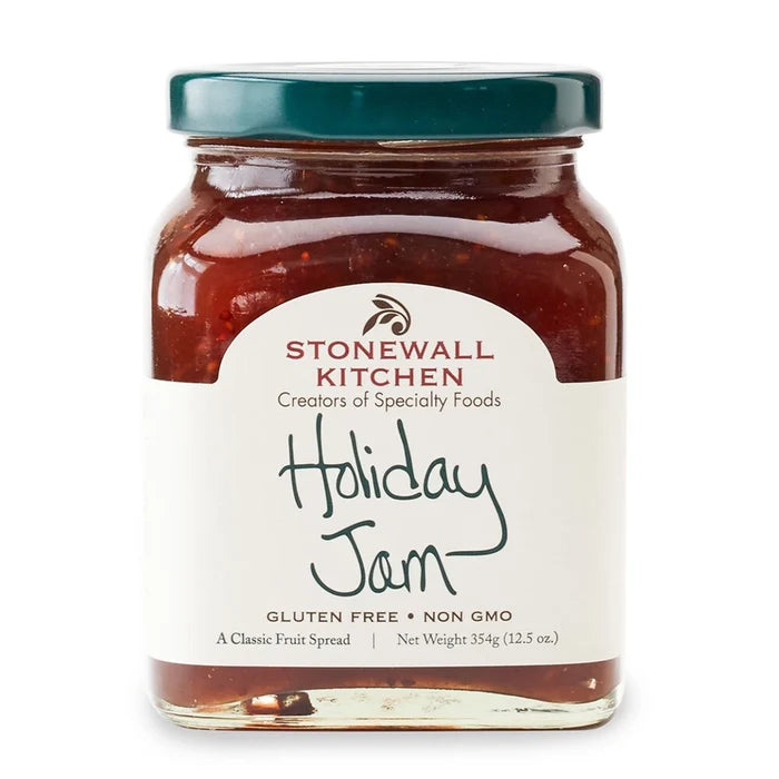 Stonewall Kitchen Holiday Jam jar with festive fruit spread label on white background