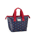 A tote bag featuring a print of blue and red stars on a white background.
