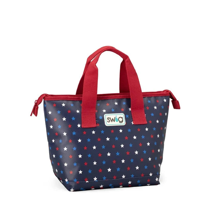 A tote bag featuring a print of blue and red stars on a white background.