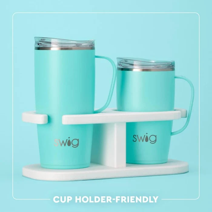 Swig insulated travel mug in a sleek design, perfect for keeping beverages hot or cold on the go.