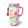 A white travel mug displaying a cheerful, multicolored pattern.