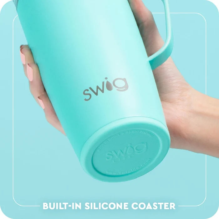A white travel mug showcasing a lively, colorful graphic design.