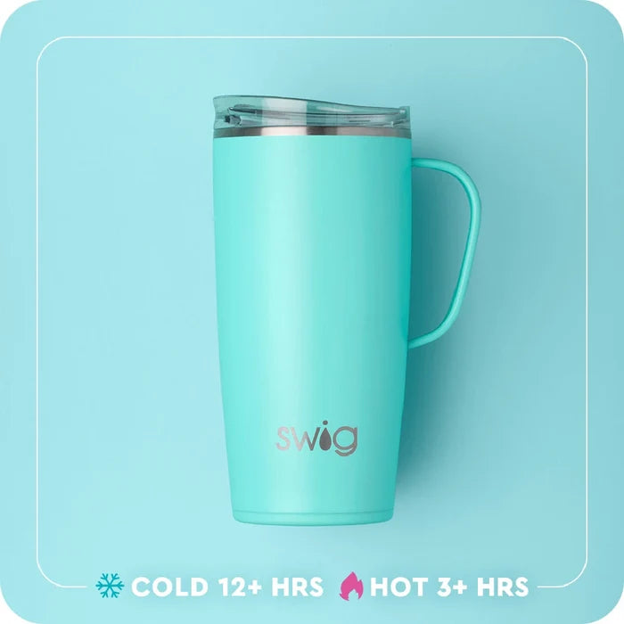 A white travel mug featuring a vibrant, colorful design wrapped around its surface.