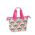 A petite tote bag with a bright tropical print, highlighting exotic foliage and floral elements.