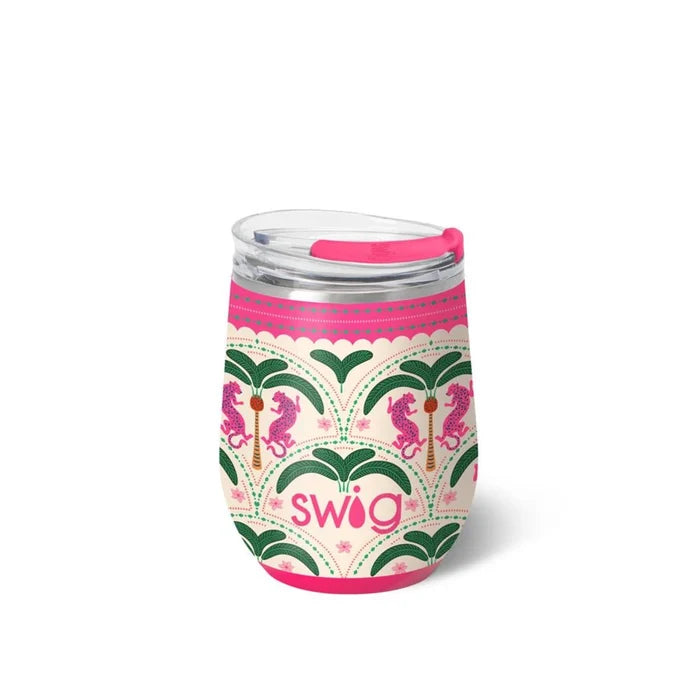 SWG wine tumbler featuring a vibrant pink and green floral design, perfect for outdoor gatherings or casual sipping.