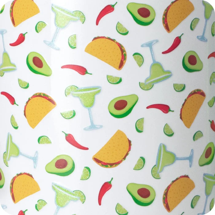 A travel mug in white and green, equipped with a green handle for easy carrying.
