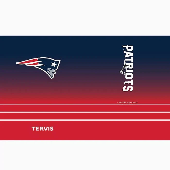 A New England Patriots tumbler is showcased, highlighting the team's emblem and colors.