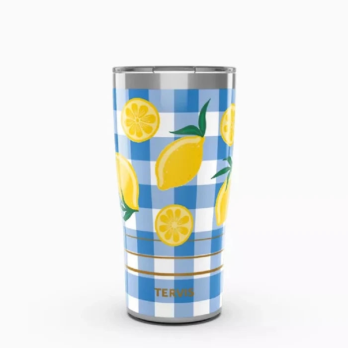 A blue and white checkered tumbler decorated with vibrant lemon illustrations.