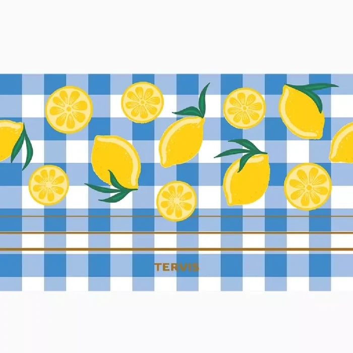 A checkered tumbler in blue and white featuring a design of lemons.