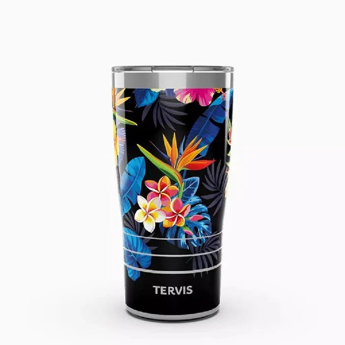 A black tumbler featuring a vibrant tropical print design.