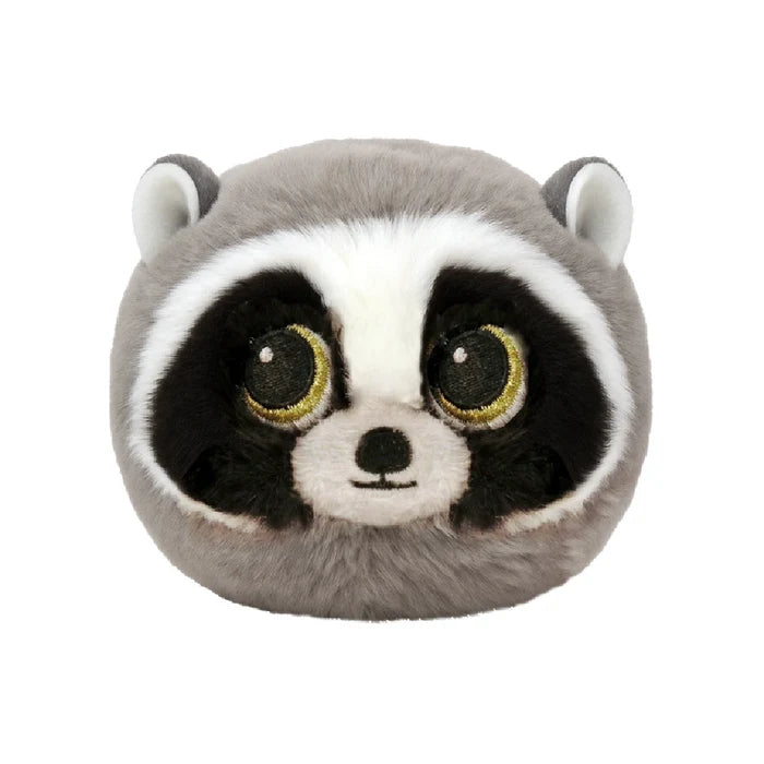 A stuffed raccoon with large eyes, set against a solid black background.