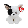 A black and white dog with a heart-shaped black tag attached to its collar.