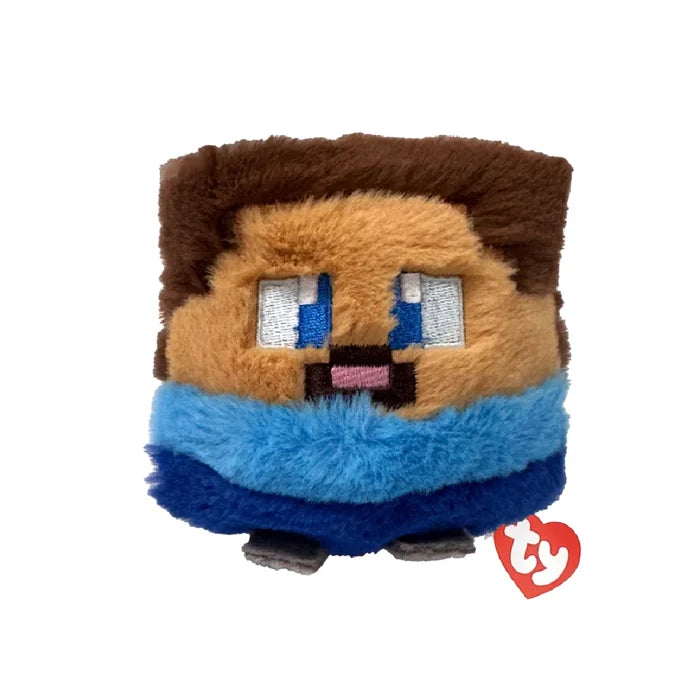 A stuffed animal wearing a blue and brown shirt, sitting upright with a friendly expression.