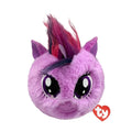 A purple pony plush toy featuring a soft pink mane, designed for cuddling and imaginative play.