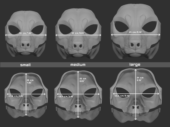 Size chart for a wolf/canine mask or fursuit base featuring three 3D light grey renderings with measurements labeled for small, medium, and large sizes on a dark grey background.