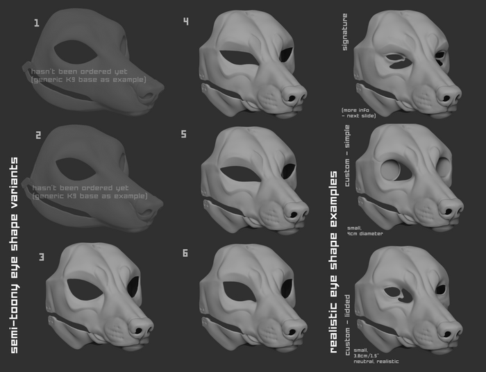Light grey 3D renderings showcasing the various eye shape variants for a wolf/canine mask or fursuit base on a dark grey background.