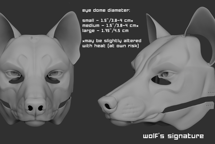 3D rendered example of a "signature" humanoid realistic eye style on a wolf/canine mask or fursuit base on a dark grey background.