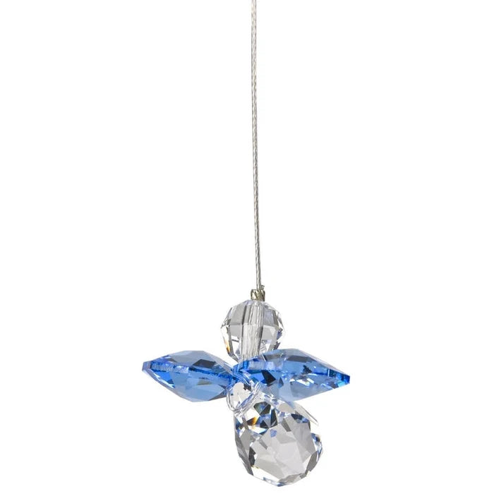 Crystal angel pendant with blue wings on a white background