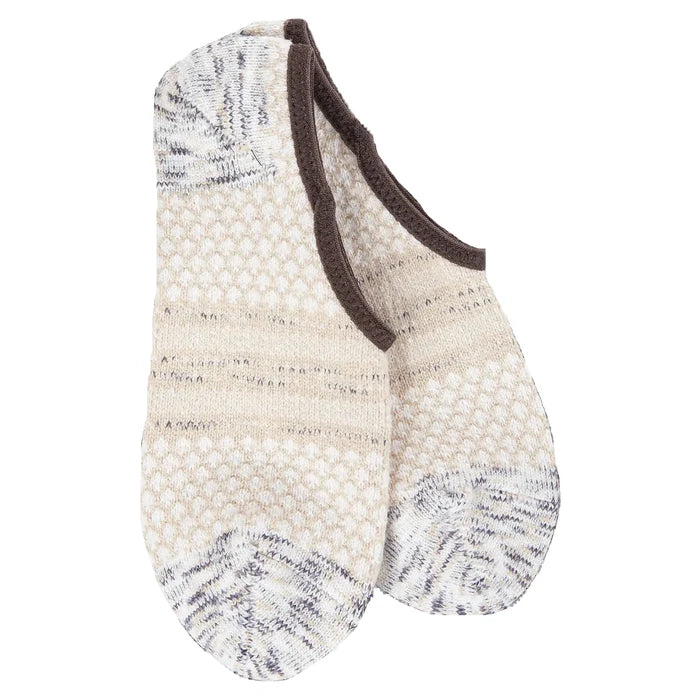 A pair of low-cut knit socks in cream and gray with a dark brown trim, shown on a plain white background.