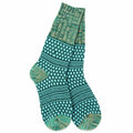 A pair of hand-knit socks featuring a teal and green Nordic/Fair Isle pattern with subtle orange-brown accents, displayed against a solid white background.