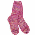 A pair of hand-knit crew socks featuring a variegated marled pattern of pink, purple, and orange yarns, displayed against a solid white background.